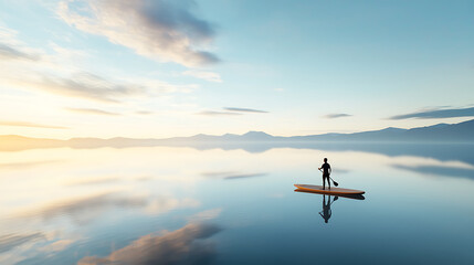 Naklejka premium serene paddleboarder stands on calm water, surrounded by mountains and beautiful sky. tranquil scene evokes peace and adventure