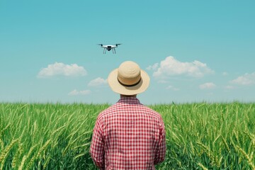 Farmer Monitoring Crop Health Using Drone Technology in Green Field
