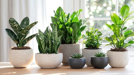 Fototapeta premium A group of ZZ plants in various sized pots, arranged on a wooden table in a bright and airy room.