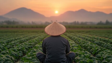 Fototapeta premium Farmer Watching Sunset Over Lush Green Fields in Rural Landscape