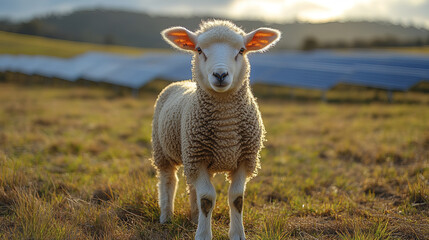 Obraz premium close up of sheep standing in green meadow, showcasing its fluffy wool and curious expression