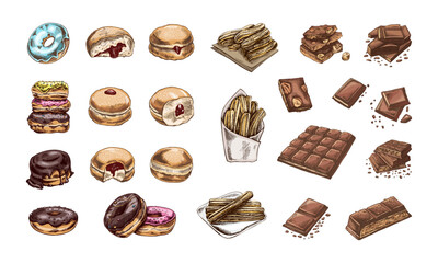 Hand-drawn vintage sketch of donuts, churros, and chocolate sweets