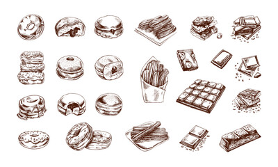 Hand-drawn vintage sketch of donuts, churros, and chocolate sweets