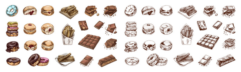 Hand-drawn vintage donuts, churros, and chocolate bars, sketch illustration
