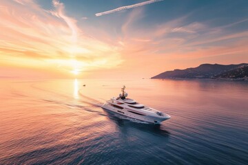 Naklejka premium A luxurious yacht sailing on calm waters during a stunning sunset.