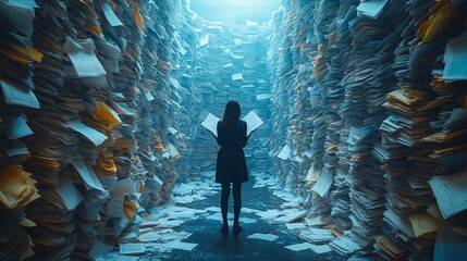 Woman Standing Amidst Towering Stacks Of Paper Documents