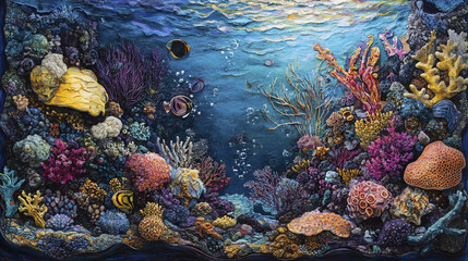 Colorful coral reef scene with diverse marine life and vibrant colors
