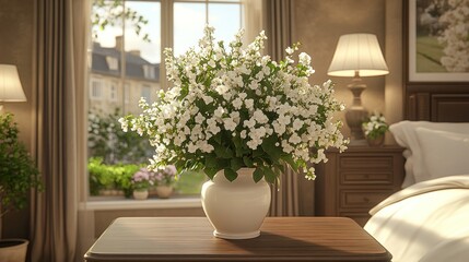 Fototapeta premium A vase of white flowers in a cozy bedroom setting.