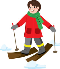 Happy Young Children Skiing and Snowboarding