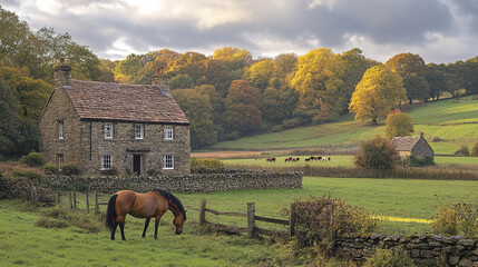 Obraz premium serene rural scene with horse grazing near charming farmhouse