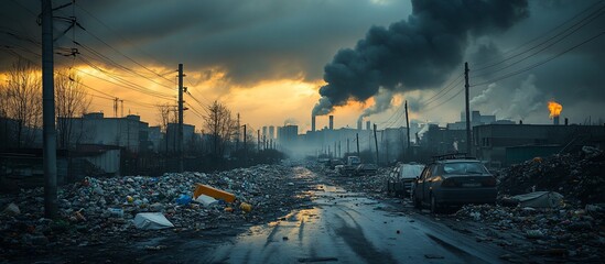 Industrial Pollution and Waste: A Bleak Sunset Landscape