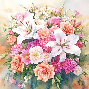 Watercolor art of a floral arrangement featuring lilies, carnations, and roses for a wedding ceremon