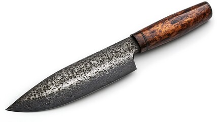 Rustic chef's knife with dark wood handle.
