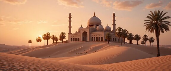 Desert Mosque Amidst Sand Dunes with Palm Trees at Sunset