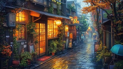 Fototapeta premium A quiet Tokyo alley with potted plants and vintage architecture, lit by soft evening light.