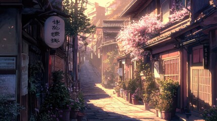 Fototapeta premium A quiet Tokyo alley with potted plants and vintage architecture, lit by soft evening light.