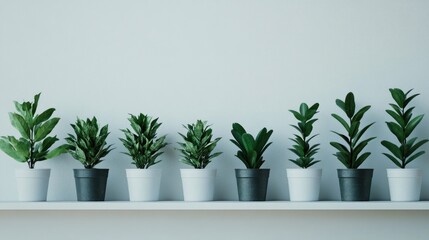 Fototapeta premium A row of ZZ plants in identical pots, arranged symmetrically on a clean white shelf.