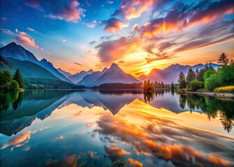 Fototapeta premium Long exposure photography reveals tranquil lake reflecting fiery sunset and serene mountain silhouettes.