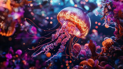 Obraz premium Luminous jellyfish swims vibrant reef, bokeh background, digital art