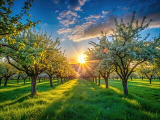 Fototapeta premium Low light captures sunlit orchard; vibrant fruit trees, dreamy bokeh, and a brilliant blue sky.