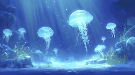 Fototapeta premium magical underwater scene with glowing jellyfish and serene ambiance