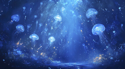 mesmerizing underwater scene of jellyfish floating gracefully in blue