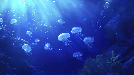 Fototapeta premium Mesmerizing underwater scene of jellyfish floating gracefully in blue