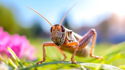 Fototapeta premium Close-up of a grasshopper on grass with pink flowers in the background.