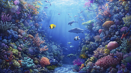 Naklejka premium vibrant coral reef scene filled with diverse marine life and colors