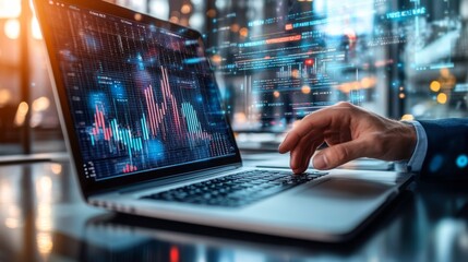 A hand operates a laptop displaying financial graphs and data against a modern, tech-inspired background.