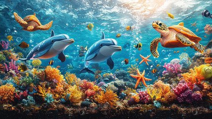 Naklejka premium Dolphins and turtles swim among colorful coral reefs in a vibrant ocean scene.