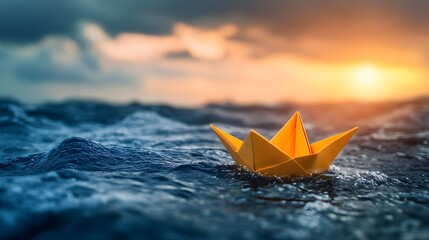 Orange Paper Boat Sailing Sunset Ocean Waves