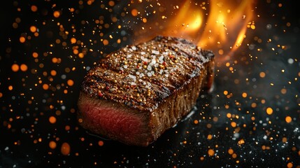 Grilled steak with flames and spices, showcasing culinary art.