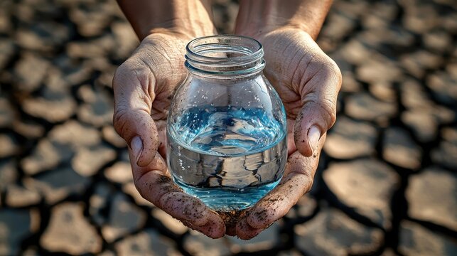 Hands holding jar of clean water over cracked dry earth highlighting scarcity