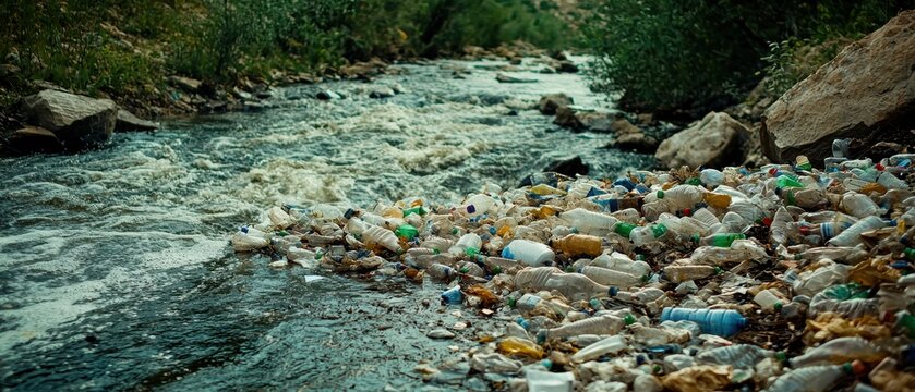 A polluted river filled with plastic waste and debris, showcasing environmental neglect and the urgent need for conservation efforts.