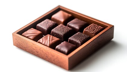 A wooden box containing an assortment of gourmet chocolates in various styles.