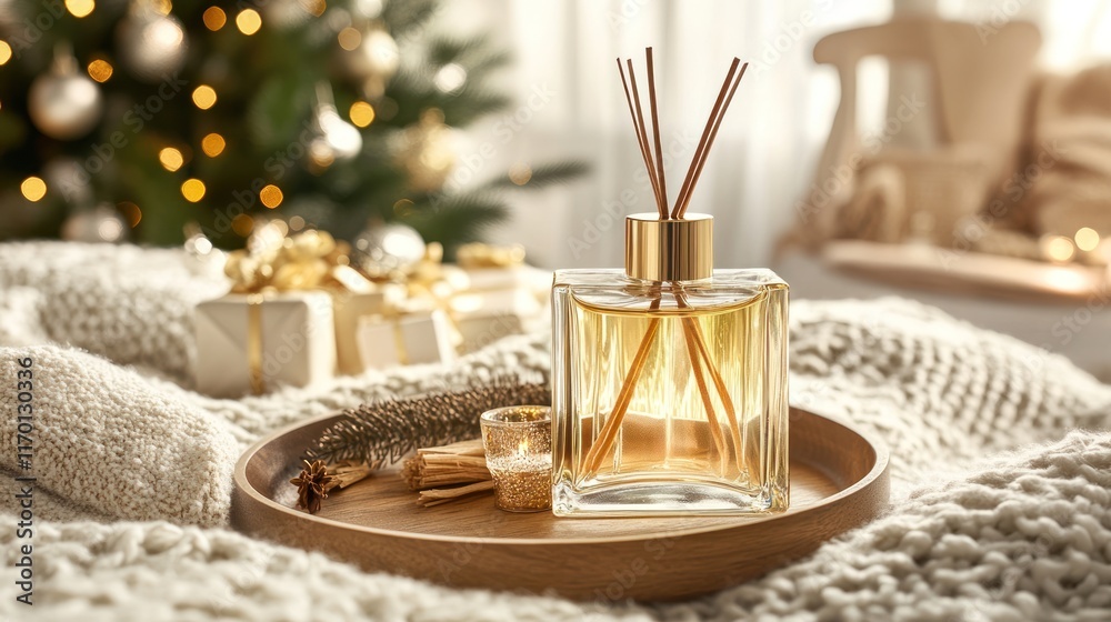 Poster a cozy scene featuring a fragrance diffuser and decorative elements for a festive atmosphere.