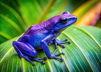 Majestic purple frog, a tiny jewel amidst colossal foliage, captured in stunning aerial detail.