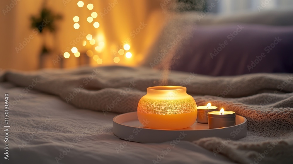 Poster a cozy scene featuring a glowing candle and soft textiles, creating a relaxing atmosphere.