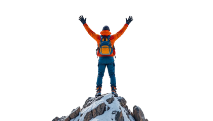 The rear view of a standing traveler, positioned on the top rock of a snowy mountain, with both hands raised high above their head to show a happy and victorious expression. PNG file
