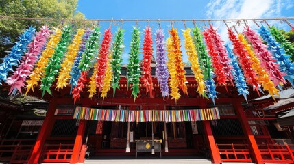 A vibrant capture of colorful origami cranes hanging at a Tokyo shrine.