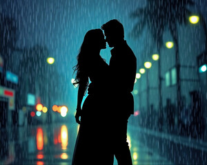 Silhouette of a man and a woman couple on a rainy background and in the middle of the street.