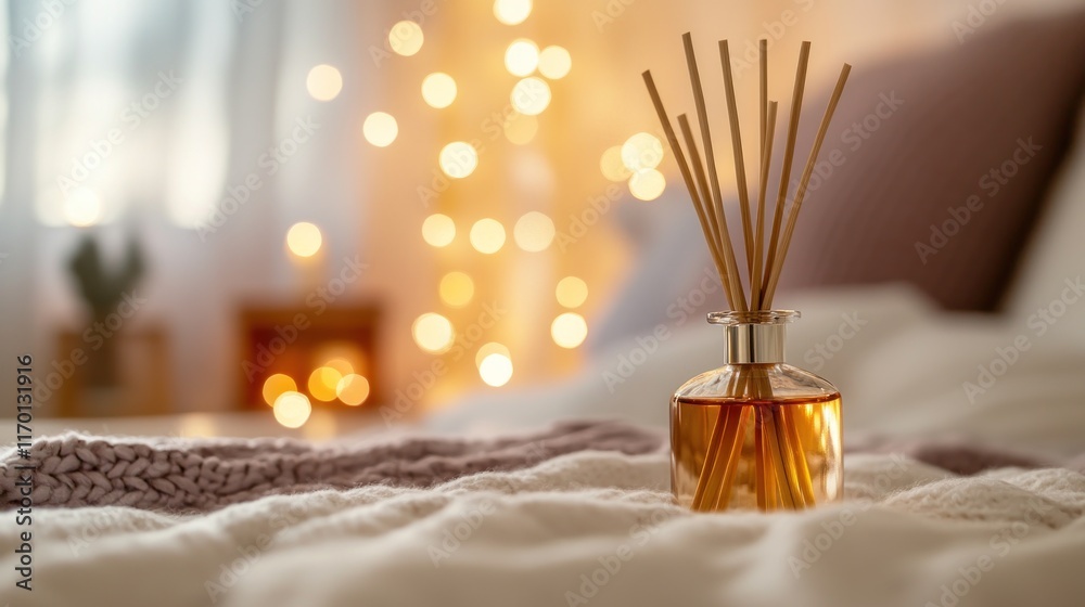 Leinwandbilder A cozy setting featuring a reed diffuser on a soft blanket with warm bokeh lights in the background.