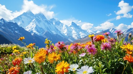Obraz premium A vibrant springtime scene of Mount Everest, with colorful alpine flowers blooming in the foreground.