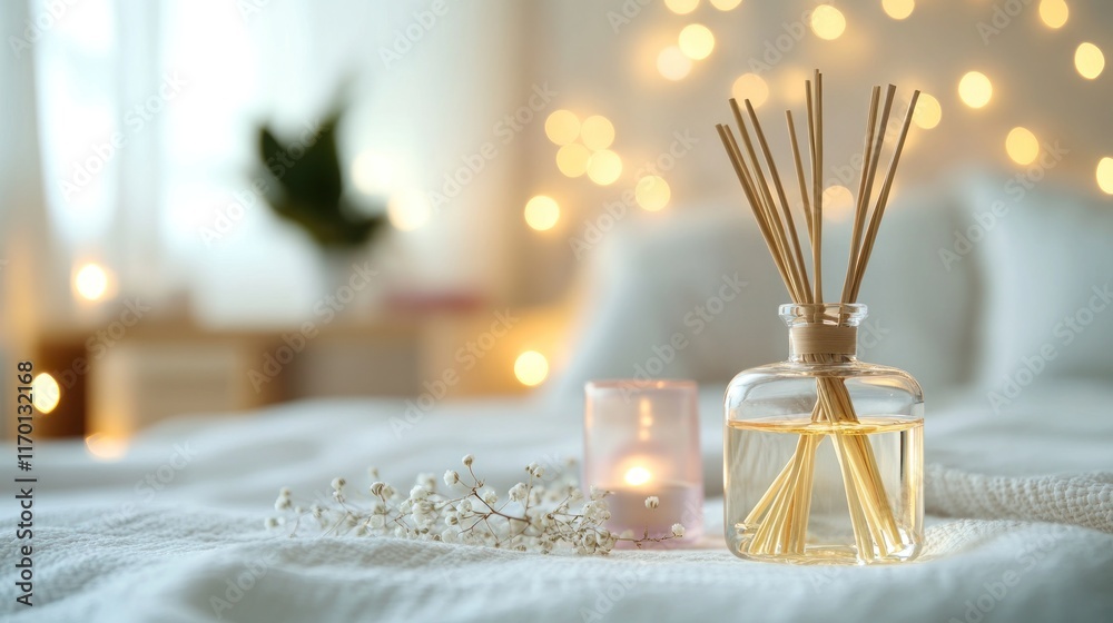 Poster A cozy setting with a diffuser and candle, creating a relaxing atmosphere.