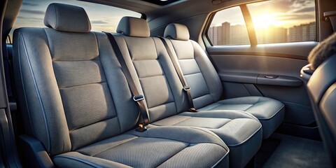 Modern automotive design showcases gray textile rear seats, elegantly lit in low light.