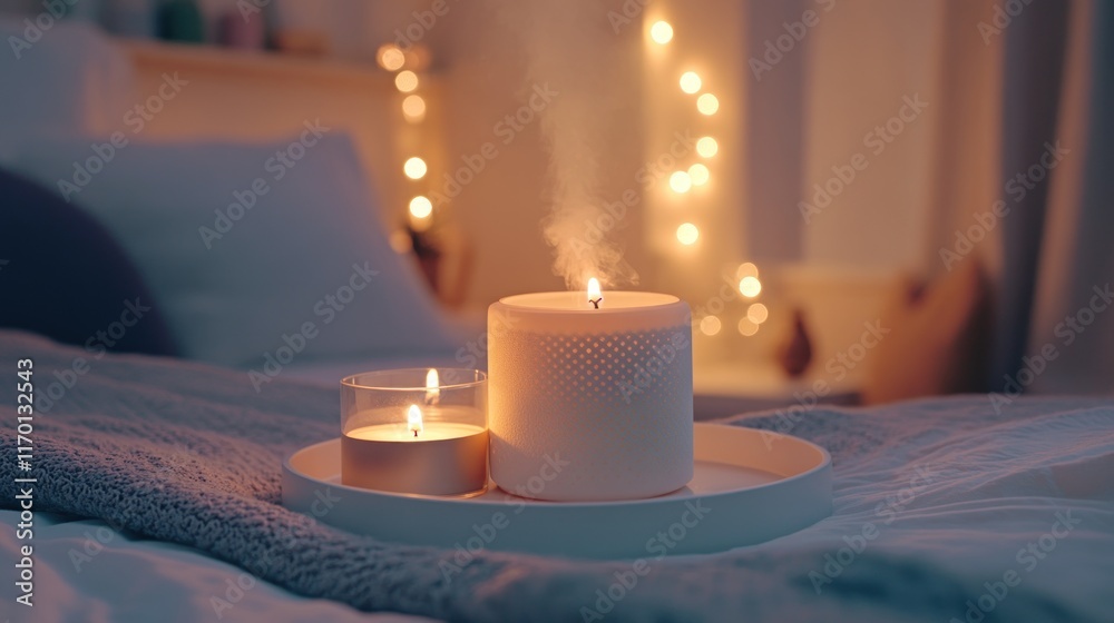 Poster A cozy setting with candles and a diffuser, creating a warm and relaxing atmosphere.