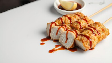 Chicken fillet yakitori skewers arranged on a pristine white table, showcasing golden fried slices of tender chicken drizzled with savory sauce, tender, slices