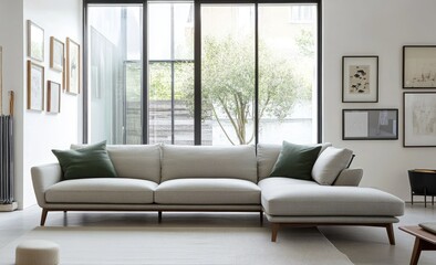 A simple and clean living room with large windows, white walls, gray sofa chairs, green pillows on the gray fabric couch