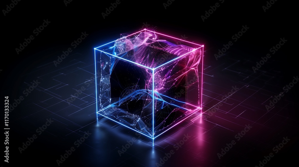 Poster 3d holographic cube with dynamic data streams and vibrant neon lights, representing digital innovati
